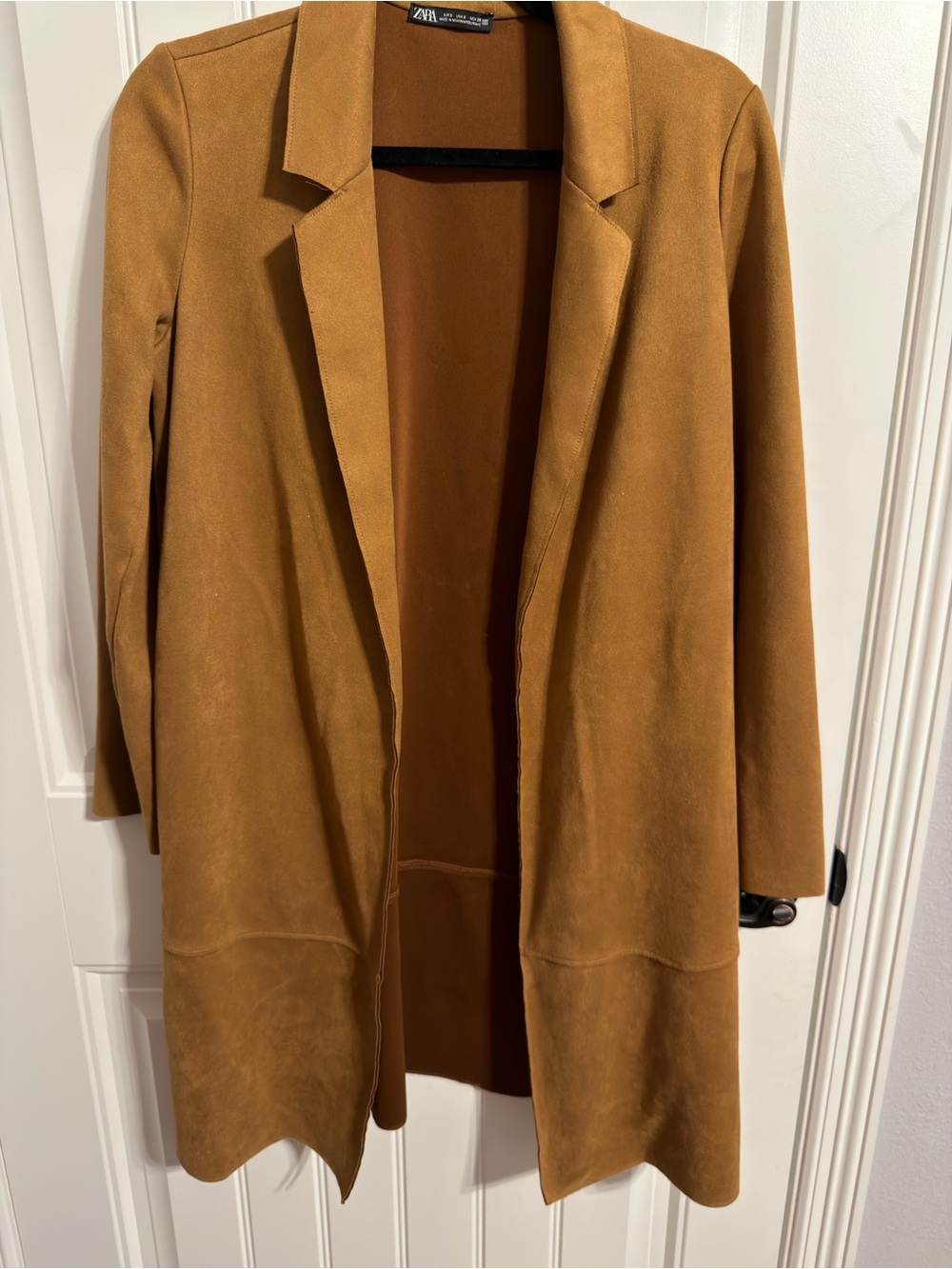 Zara Long Open Front Camel Faux Suede Duster. Women's Size S